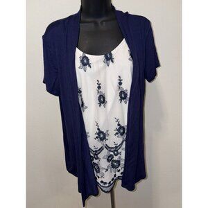 Corvia Women Size XL Blouse Top Cap Sleeve Round Navy Blue Camisole